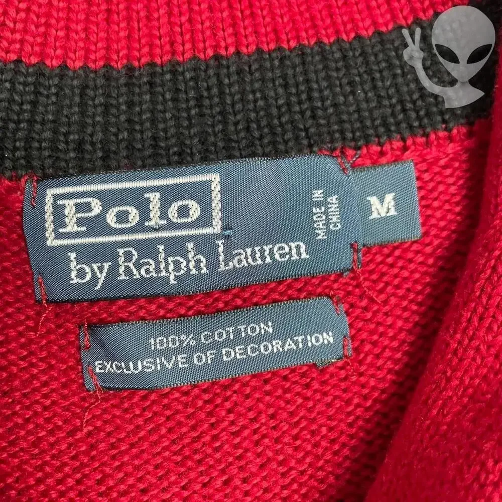 Vintage Polo Ralph Lauren Red Shawl Collar Sweater Black Stripe Medium Preppy - Picture 4 of 8